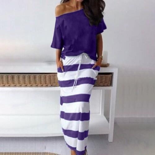 Summer New Women Sexy Off Shoulder Two Piece Sets Dress Solid Color Shirts Striped Dress Sets Lady Casual Ankle-Length Dress