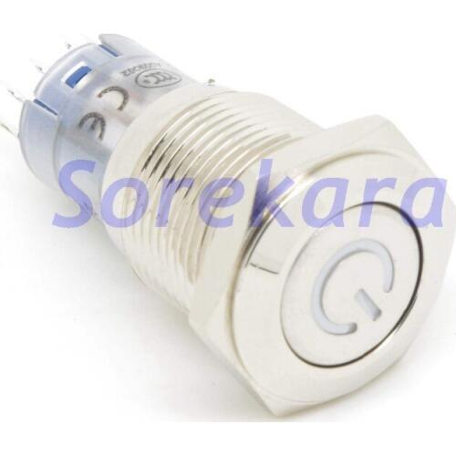 16mm Stainless LED Color Green Power Mark Momentary 1NO 1NC Pushbutton Switch Pin IP67 UL 3V/6V/12V/24V/110V/220V