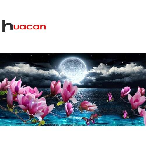 Huacan 5d DIY Diamond Mosaic Painting Moon Flower Diamond Embroidery Full Square/Round Evening Seaside Landscape Home Decor