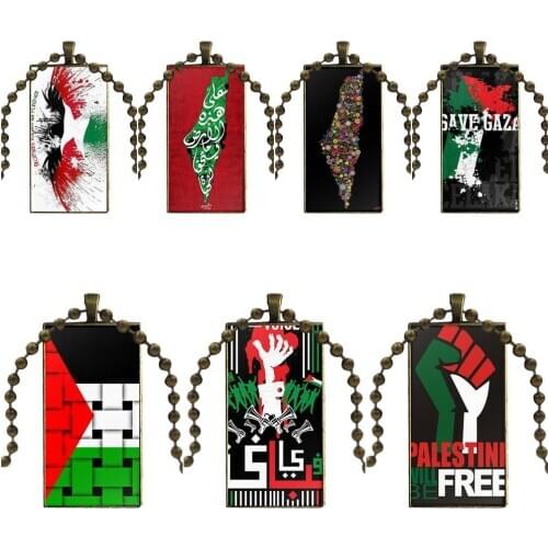 Glass Cabochon Jewelry Bronze Color With Long Pendant Choker Rectangle Necklace For Women Special Palestine Flag