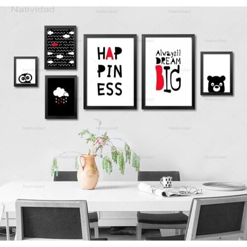 Black and White Theme Cartoon Animals Letters Nordic Simple Home Decoration Posters Canvas Painting Wall Art for Living Room