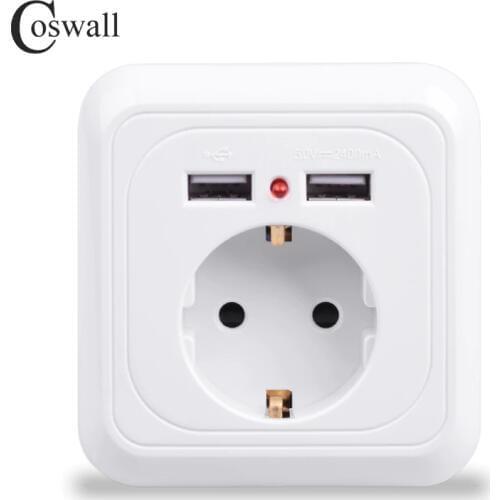 Coswall 2018 New Arrival Wall Power Socket 16A EU Standard Outlet With 2400mA Dual USB Charger Port for Mobile Super Power