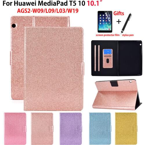 For Huawei MediaPad T5 10 Case Cover AGS2-L09 AGS2-W09 AGS2-L03 AGS2-W19 10.1" Funda Tablet Glitter Protective Stand Shell +Gift