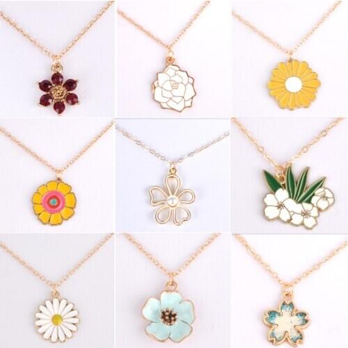 Enamel rose daisy camellia flower pendant necklace gold color link chain floral necklace jewelry choker women fashion jewellery