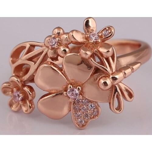 Authentic S925 Rose Wildflower Meadow With Crystal Ring For Women Wedding Party Gift fit Lady Fine Jewelry