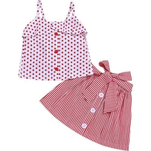 Summer Girls' Suit 2020 Middle and Small Children Polka Dot Halter Shirt Striped Skirt Suit Children 2-piece Set