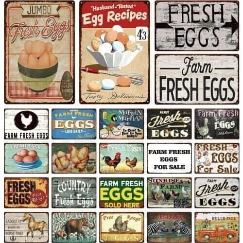 Fresh Eggs Metal Tin Sign Chicken Coop Retro Art Plaque Home Decor Farm Restaurant Bar Wall Cloth Creative Poster Metal Plate