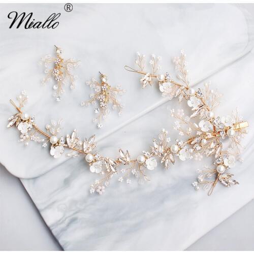 Miallo 2019 Newest Austrian Crystal Pearls Flowers Bridal Hair Clips Wedding Headpieces with Earrings Hair Jewelry Accessories
