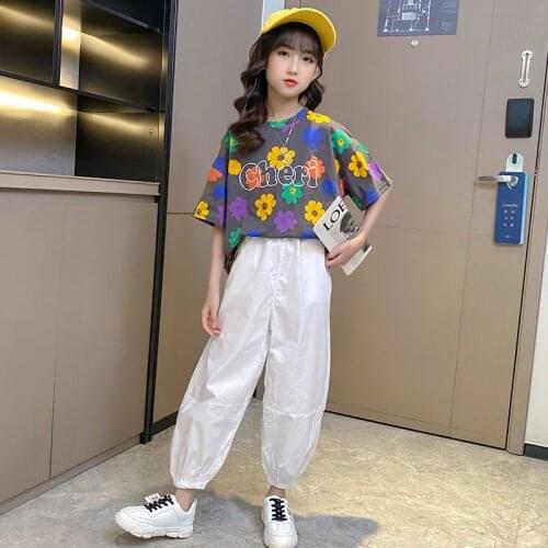 2021 Summer Child Clothes Girls Tracksuit Sport Fashion Flower Shorts T Shirt + Loose Pants Kid Teenager 5 6 7 8 9 10 11 12 Year