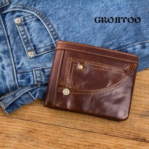 GROJITOO fashion genuine leather mens wallet multi-functional cowhide mens bag short coin purse card holder wallet