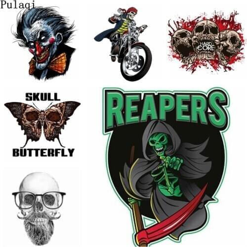 Pulaqi Skull Patch Iron on Transfer Patches for Clothes Stripes Iron Vinyl Heat Transfer Thermal Stickers Applique Printed Badge