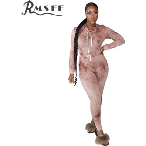 RMSFE 2020 Skinny Jogger Hooded Two Piece Set Tie Dye Bandage 2 Piece Set Women Full Sleeve Top And Pant Autumn Sets