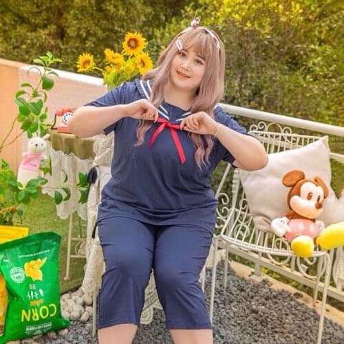 5XL super size navy pajamas womens summer plus size Korean version of sweet bowknot plus fat loose home service fat mm100 kg su