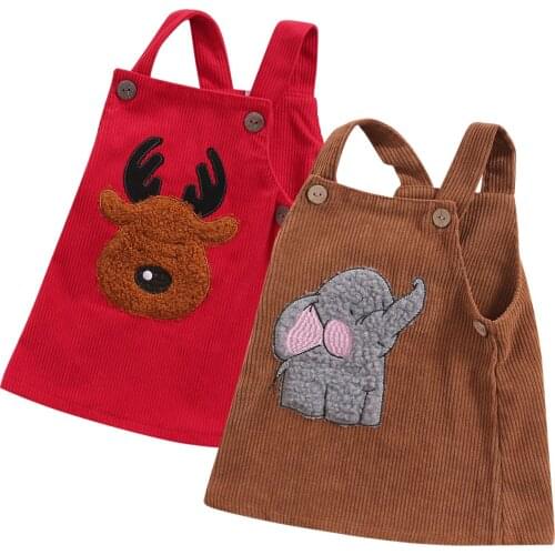 Infant Baby Girls Suspender Dress, Sleeveless Corduroy Elephant / Elk Street Casual Midi, Red / Brown 3M-3T