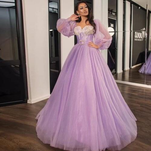 Princess Lavender Tulle Wedding Prom Party Dresses Full Lantern Sleeves Beaded Sequined A-line Women Dresses Birthday Gowns