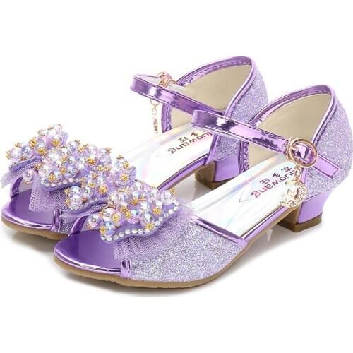 Fashion Childrens Princess High Heels Sandals Bowtie Crystal Sequined Star & Moon Pendant Girls Kids Shoes For Wedding Party