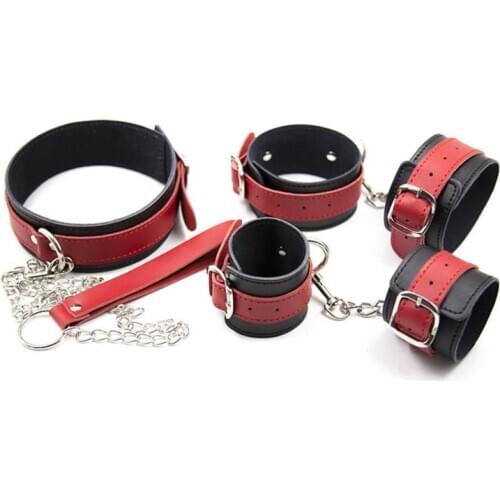 Sex Toys Suit Genuine Leather Red Black Spanking Suit Three-piece Handcuffs