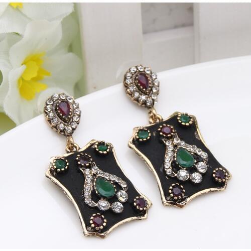 Vintage Turkish Women Heart Long Drop Earrings Resin Paint Flower Jewelry Antique Gold Color Retro Arabia India Bridal Bijoux