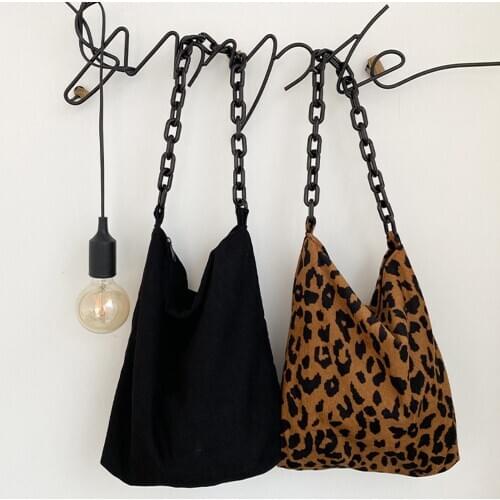New Autumn Winter Corduroy Shoulder Bags Retro Leopard Pattern Handbag Thick Chain Bags Female Daily Warm Soft
