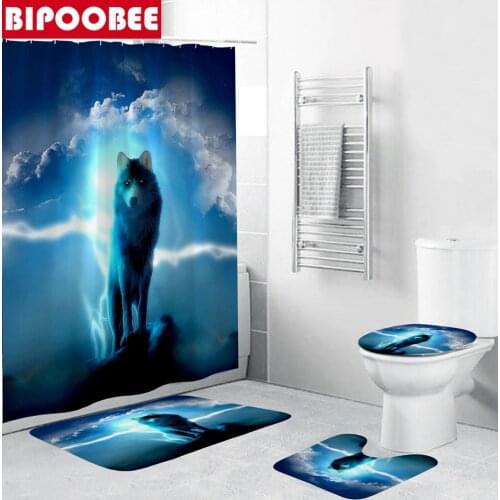 Lone Wolf Shower Curtain Set for Bathroom Decor Waterproof Polyester Fabric Bathtub Curtains Toilet Lid Cover Bath Mat Set