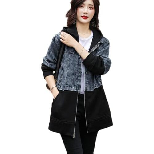 2021 New Spring Autumn Korean Denim Jacket Women Long Casual Basic Outerwear Womens Loose BF Trench Coat Hooded Bomber Overcoat