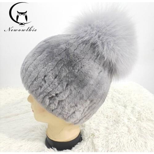 Womens Genuine Rex Rabbit Fur Hats Autumn and winter 100% Big Fox Fur hair ball Warm Real Fur Knit High elasticity Caps