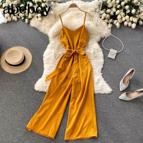 Women Korean Strap Rompers Sexy Sleeveless V Neck Sashes Jumpsuits Summer Casual Vacation Beach Wide Leg Long Rompers