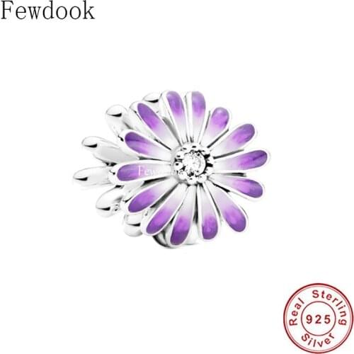 Fit Original Charm Bracelet Authentic 925 Sterling Silver Purple Enamel Blooms Flower Daisy Bead For Making Women Berloque 2021