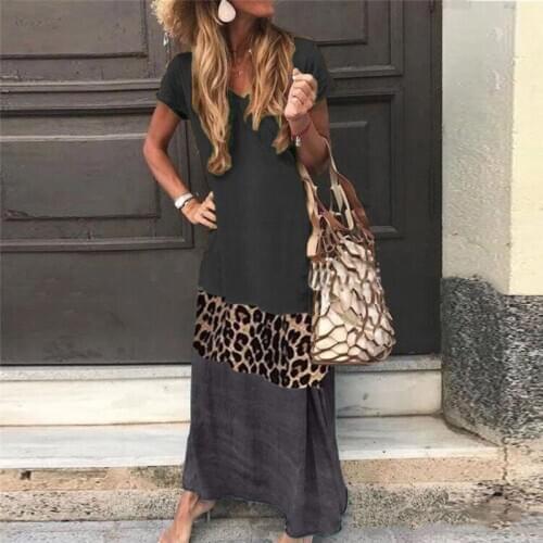 Summer 2019 Women New Popular Short-Sleeved Printed V-Neck Long Dress Loose Collision Leopard Print Stitching Casual Dresses