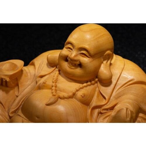 12cm Laugh Maitreya Gold Ingot Wood Statue Gifts Buddha Statue Laughing Buddha Statues Mini Home Decoration Collection Ornaments