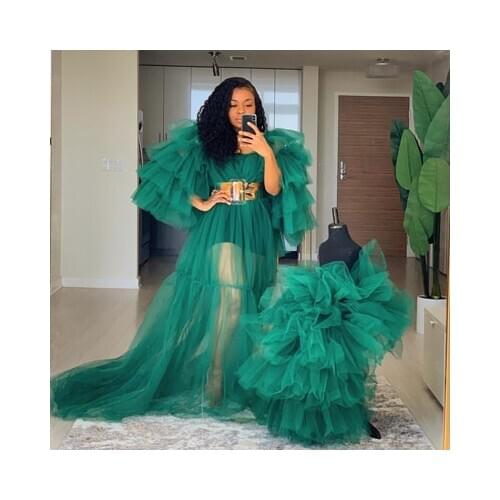 2020 Long Ruffle Tulle Dress for Mother And Puffy Tiered High Low Skirt Dress for Kids Mommy & Me Wear Custom Made