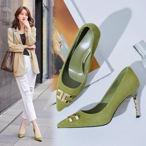 Spring 2020 new elegant fine heel suede pointed high heels female black metal buckle single shoes Z537