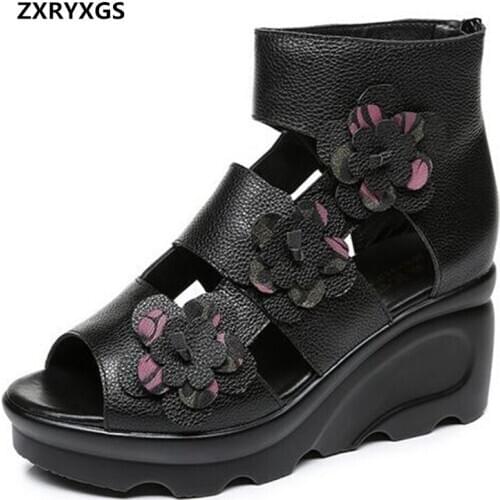 2021 New Summer Top Cowhide Flowers Genuine Leather Sandals Roman High-top Cool Boots Platform High Heel Shoes Wedges Sandals