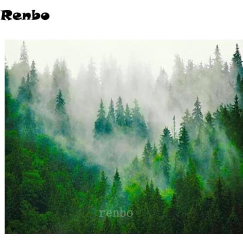 5D DIY Diamond Painting Mountain Fog Forest Picture Natural Scenery Diamond Embroidery Cross Stitch Kit Rhinestone Mosaic Decor