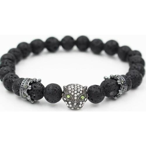 8mm rsd1 gold silver micro pave cz zircon cubic zirconia Bracelet elastic adjusted bead lion black stone volcanic lava Bangles