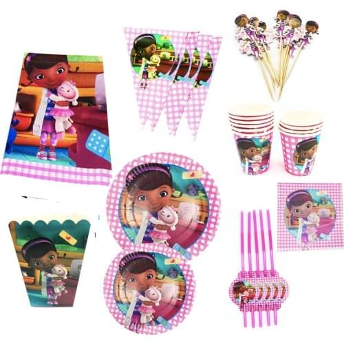 93pcs Doc McStuffins Paper Plates Cups Napkins Banners Popcorn Box Tablecloths Straws Baby Shower Girls Birthday Party Supplies