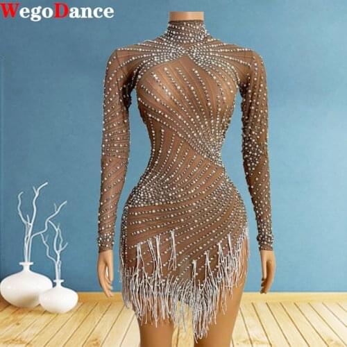 Sparkly Colorful Rhinestones Transparent Dress Prom Evening Sexy See Through Multicolor Crystals Costume Birthday