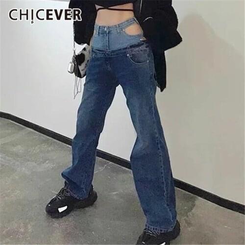 CHICEVER Casual Colorblock Patchwork Womens Pants High Waist Cut Out Full Length Straight Wide Leg Denim Trousers 2021 Fashion