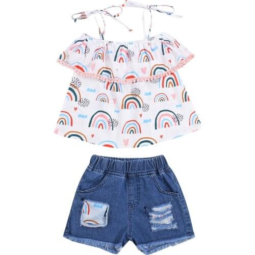 Canrulo 1-6 Years Summer Girls Clothes Set Rainbow Print Off-shoulder Tie-up Tops with Tassels + Ripped Short Jeans