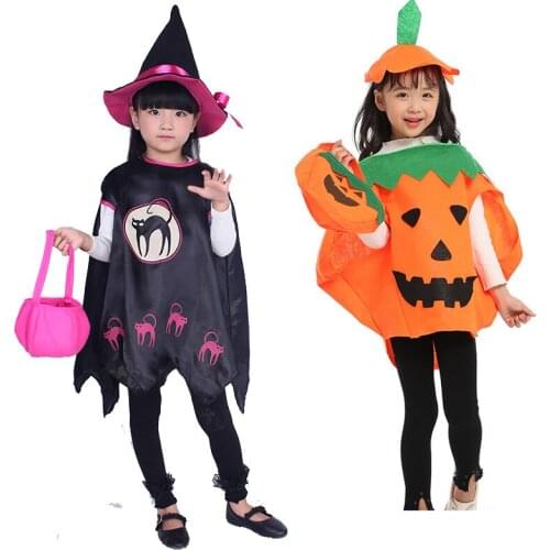 Children girl Cosplay halloween witch pumpkin costume cloak cape hat and gift bag clothes for boys kids