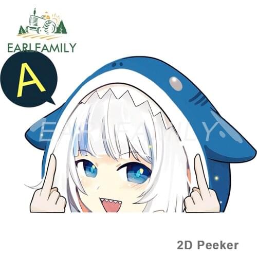 EARLFAMILY 13cm x 8.2cm for Gawr Gura Shark Peek Car Assessoires Stickers Surfboard Decal Funny Vinyl Campervan RV JDM Decor