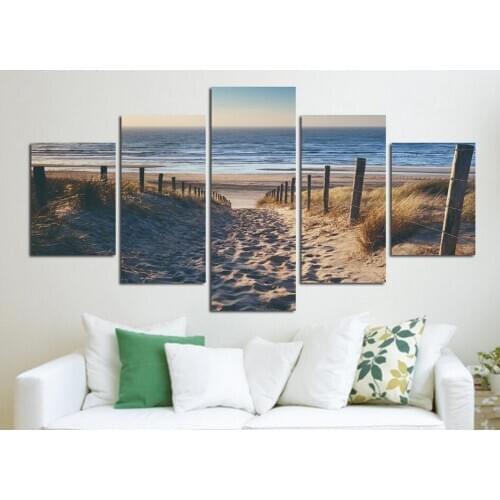 Hd Modern Art Painting and Printmaking Beach Art Wall Picture Home Decoration Living Room Mural Modular Five Piece Set Frameless