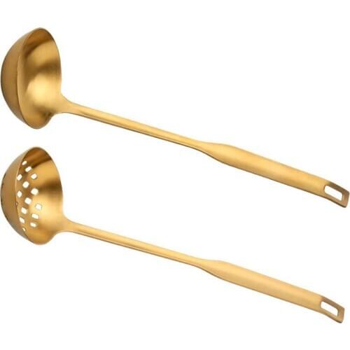 2 Pieces Gold Metal Soup Ladle Colander Set, Long Handle Stainless Steel Kitchenware Cookware Serving Spoon Cooking Utensil for