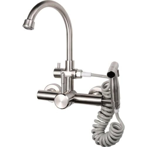 304 Stainless Steel Kitchen Faucet Pull out Side Spray Dual Spout Single Handle Mixer Tap Sink Faucet 360 Rotation Torneira