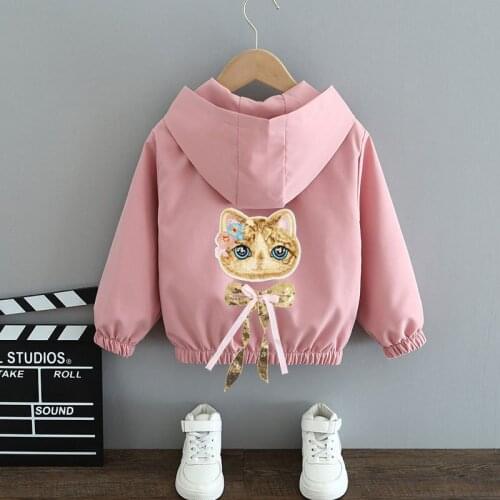 Autumn Kids Clothes Cute Cartoon Cat Printing Bow Tie Jacket Coats Spring Teen Girls Spring Hooded Outwear Children Tops