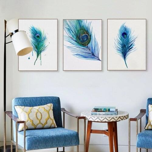 Blue Peahen Feather Poster Prints Canvas Painting Wall Art Decor Pictures For Posters Aesthetic Room Decorative