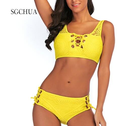 Sexy Bandage Bikini Set Solid Yellow Mesh Swimsuit With Thong Push Up Padded Brazilian Biquini Swimwear Bathing Suit
