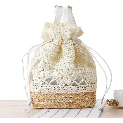 Girls College Style Handmade Straw Woven Flower Travel Beach Bag Backpack