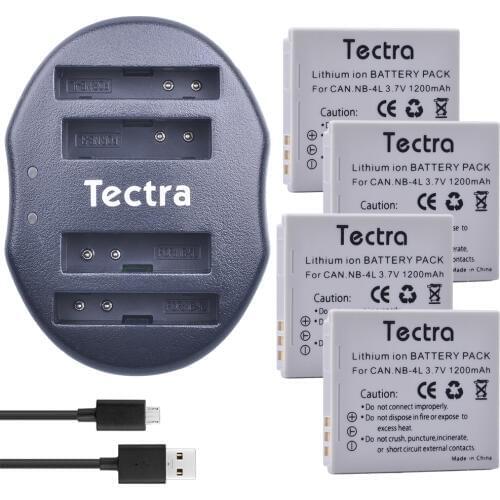 Tectra 4pcs NB-4L NB4L Li-ion Battery + USB Dual Charger for Canon IXUS 60 65 80 75 100 I20 110 115 120 130 IS 117 220 225 230