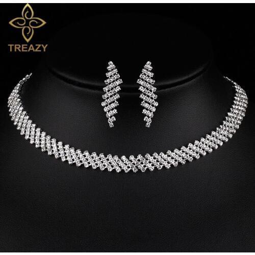 TREAZY Fashion Crystal Bridal Jewelry Sets Silver Color Rhinestone Choker Necklace Earrings Sets for Women Wedding Accessories
